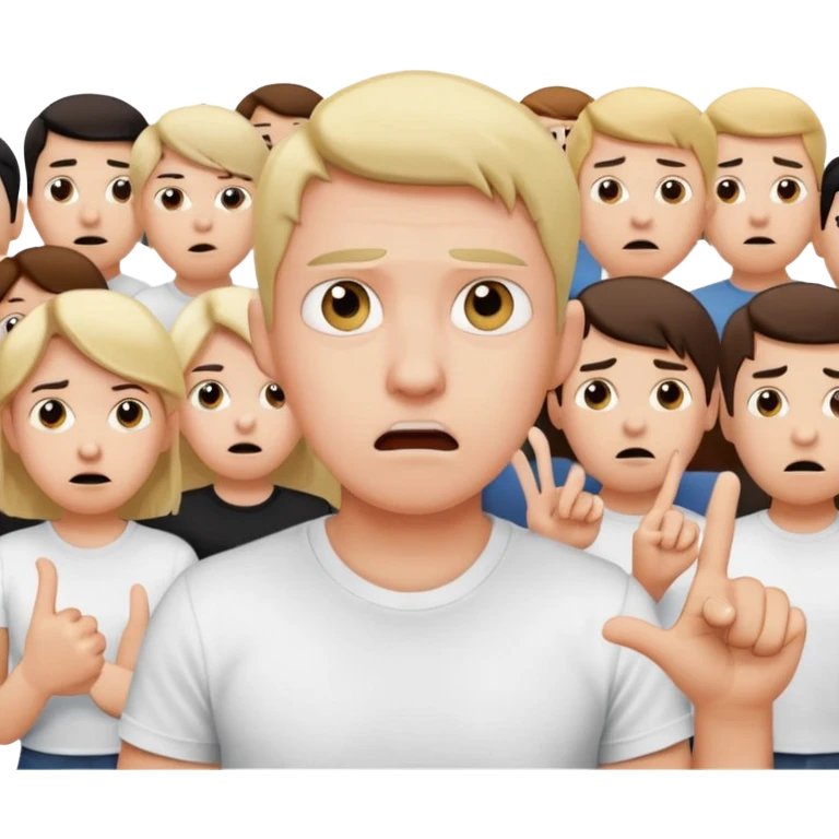 A person in the front row feeling scared, with the audience behind them POINTING FINGER. emoji