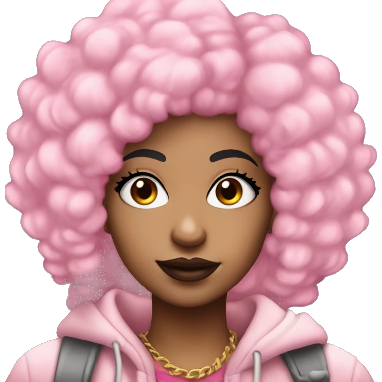light skin girl with pink afro hair and nose pierced with black eyebrows and looks like the rapper icespice without heart on cheek and has emoji