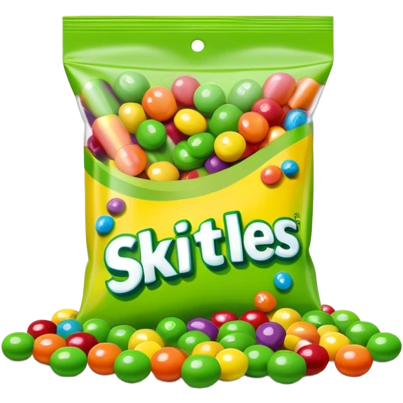 Skittles candy package with green candies spilling out, minimalist emoji