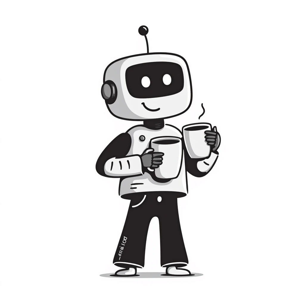 A hand-drawn robot character happily holding a coffee mug emoji