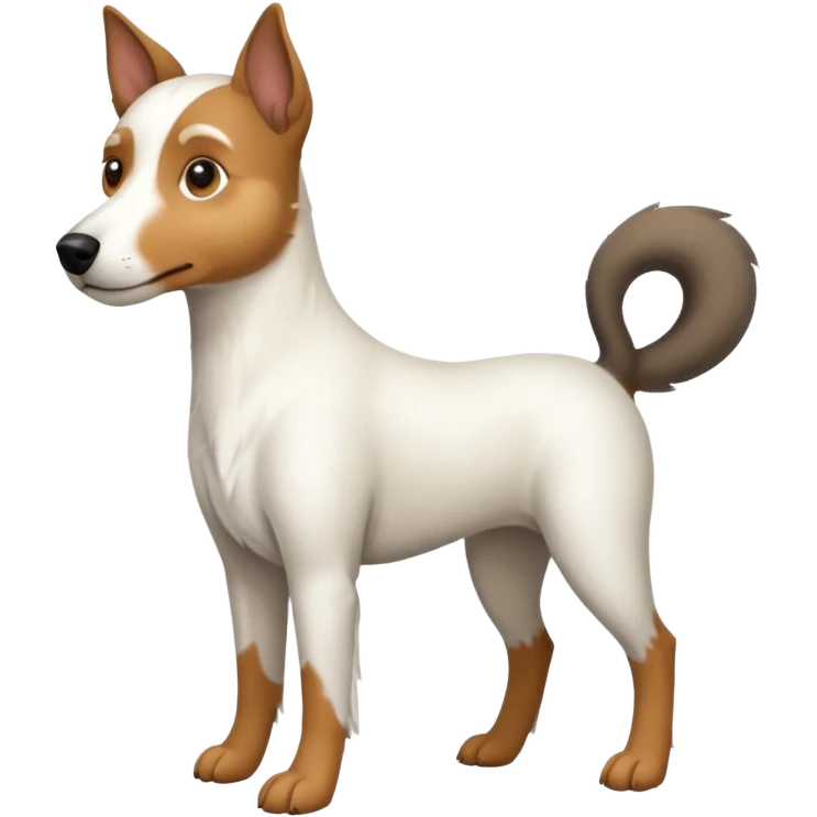 a full body large white parson russell looking dog the size of a kelpie with light brown flopped down ears and a light brown patch on one eye and a large snout emoji