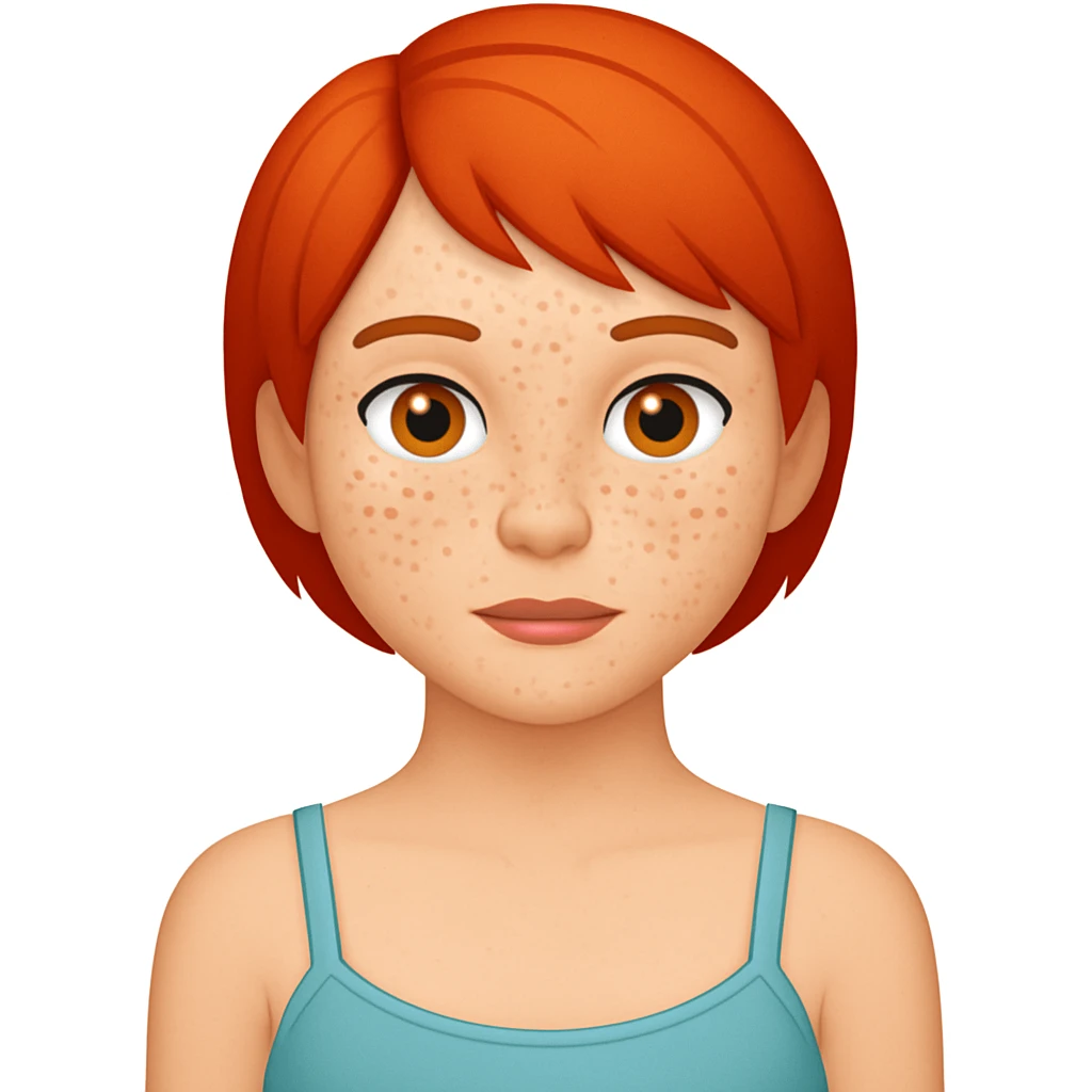 Add freckles to the girl's face, keep short red hair and flat chest, in a general emoji style illustration. emoji