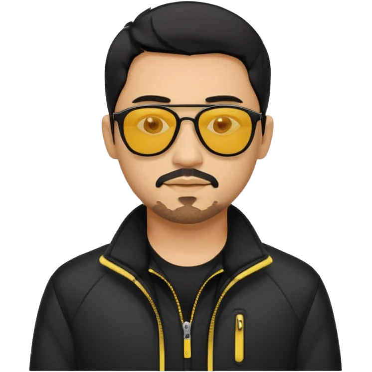 A man with middle part black hair sunglasses with yellowish glasses And black jacket. Goatee short black beard emoji