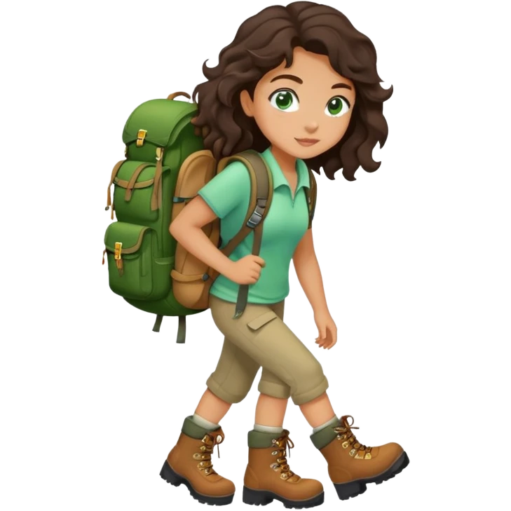 Beautiful girl with dark brown wavy hair and green eyes going on a hike emoji