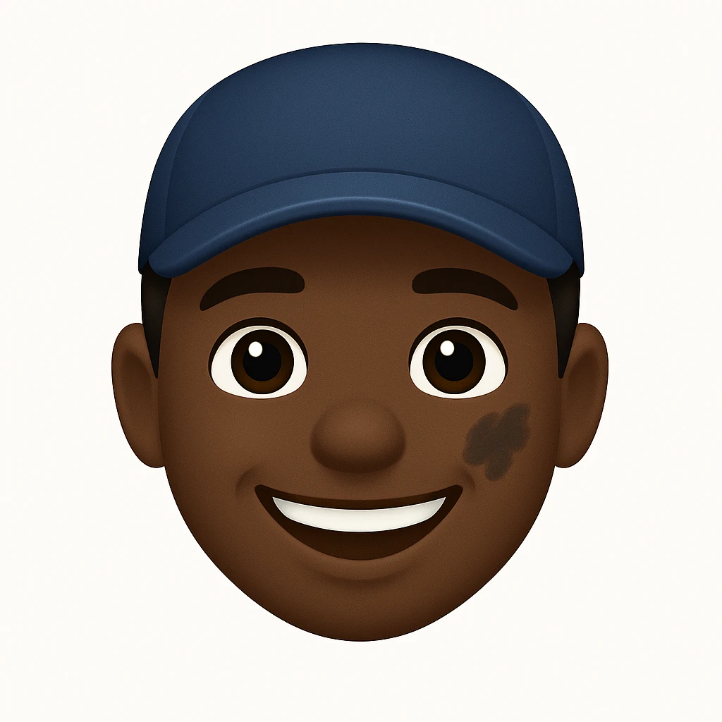Create a face emoji of a Zimbabwean male mechanic with a friendly expression, wearing a cap and a smudge of grease on the cheek. The style should be suitable for an emoji, capturing the friendly and hardworking character inspired by the reference photo. emoji