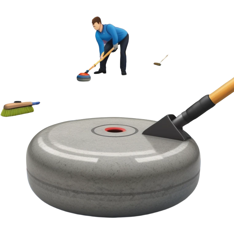 An icon showing a detailed close-up of a curling stone sliding across the ice, with a broom in motion beside it. The background features an indoor stadium with cheering spectators on the stands. Transparent background captures the strategy and focus of curling. emoji