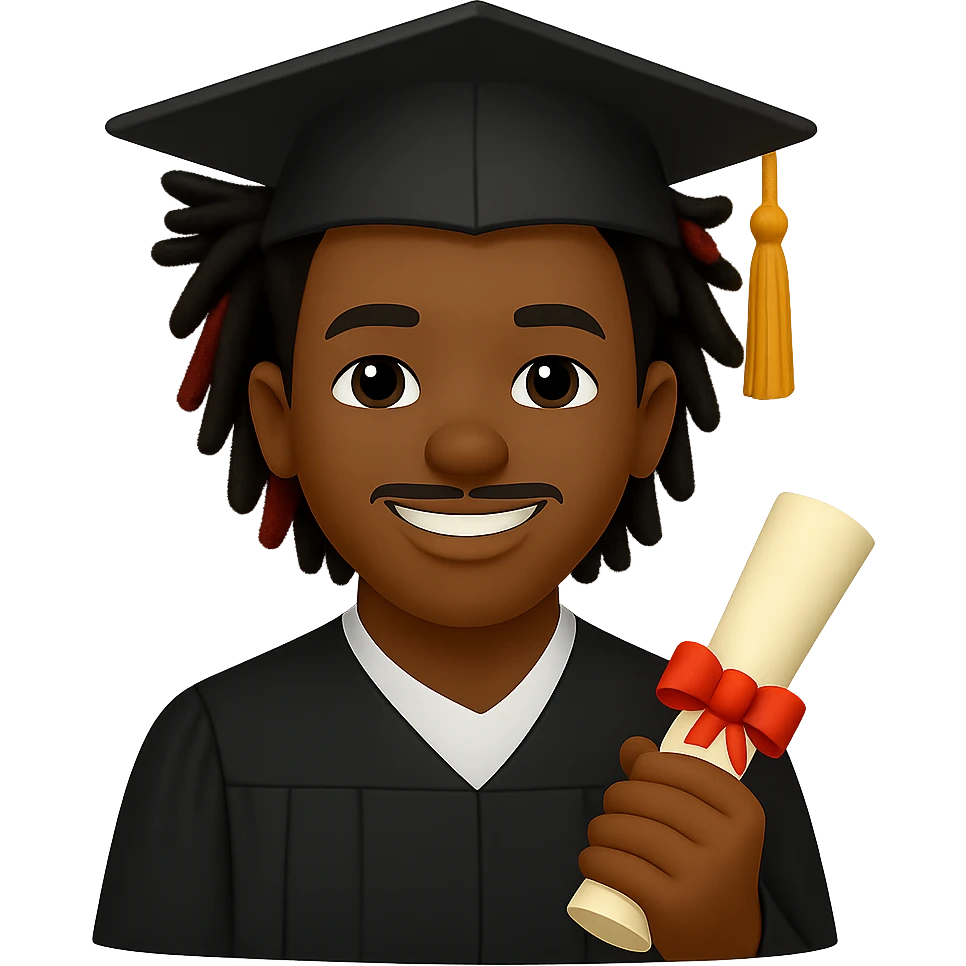 Create a male African American graduate emoji based on the reference photo with his hairstyle and features, wearing a graduation cap and gown, holding a diploma and smiling. Remove the background. emoji