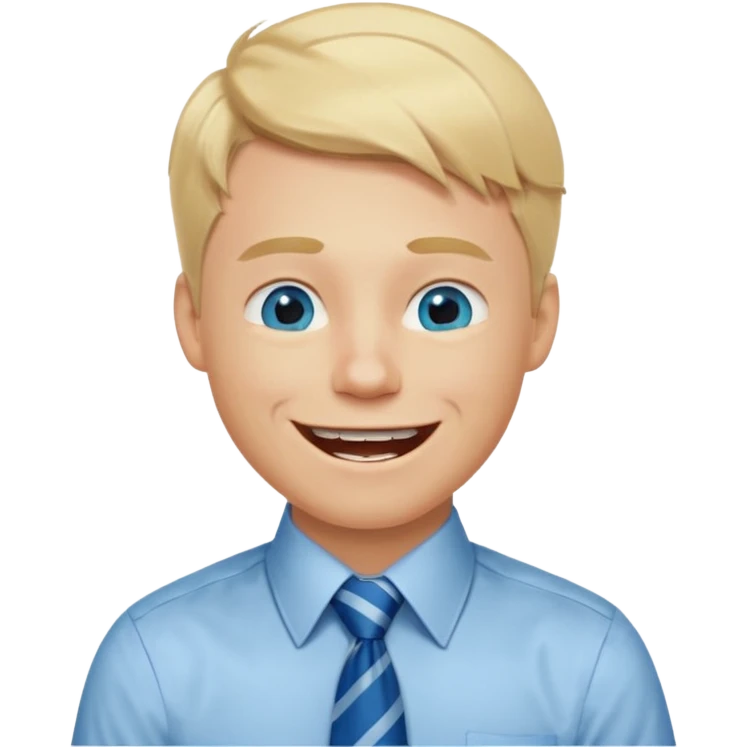 A young guy with blonde hair and blue eyes that looks masculine. make him wear a shirt with a tie. he is danish. He is laughing extremely hard. More extreme expression emoji
