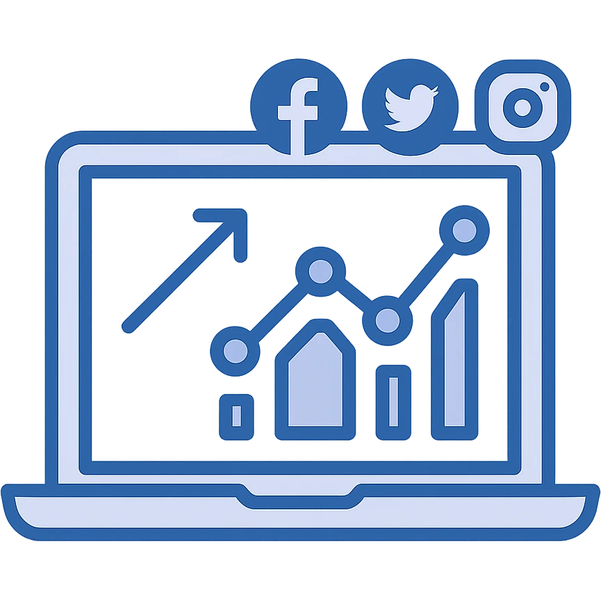 laptop with graphs and social media icons on the screen, digital marketing analytics, flat minimal style emoji