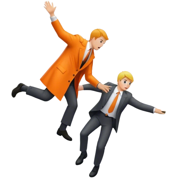 A man in a suit pushing a man in an orange rain slicker off a cliff emoji