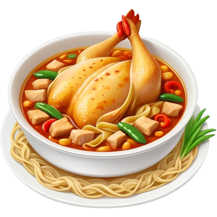 Xinjiang Big Plate Chicken with wide noodles in large dish, simplified emoji style with bold outlines and bright colors, cartoon style spicy chicken stew emoji
