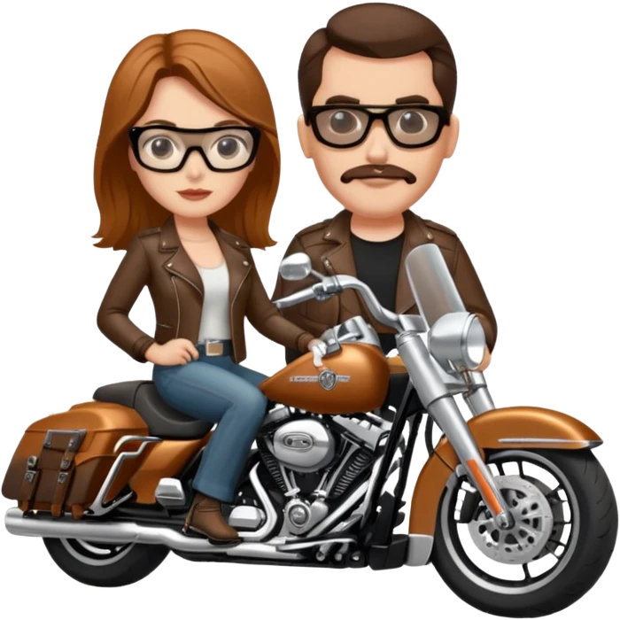 Un couple de biker sur une harley road king noire, l'homme a une paire de lunettes demetz ros21, la fille a des cheveux plus dans les tons chatain emoji