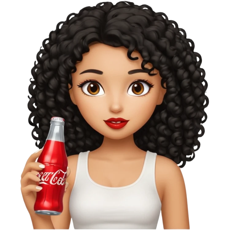 a pretty tan bratz girl with black curly hair drinking coca cola. minimal makeup. white top emoji