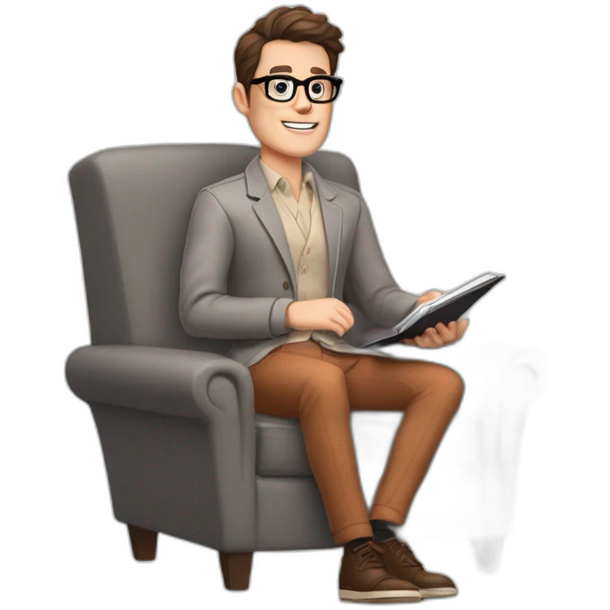 Pale skinned Fit Man With dark brown hair in gray jacket, beige office shirt, Terracotta pants and vintage glasses sitting In a soft chair with a notebook with emblem Ψ and a pen in his hands emoji