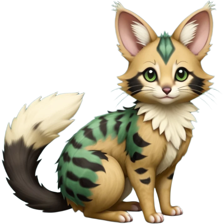 Dark-Green, black-pointed, soft natural realistic romantic vintage antique divine beautiful elegant pretty precious cute young youthful  Fakémon-Pokémon-opossum-feline-serval-caracal-chinchilla-Minccino-Cinccino-Meowstic-rodent-hybrid-creature with a big fluffy bushy tail (full body) emoji