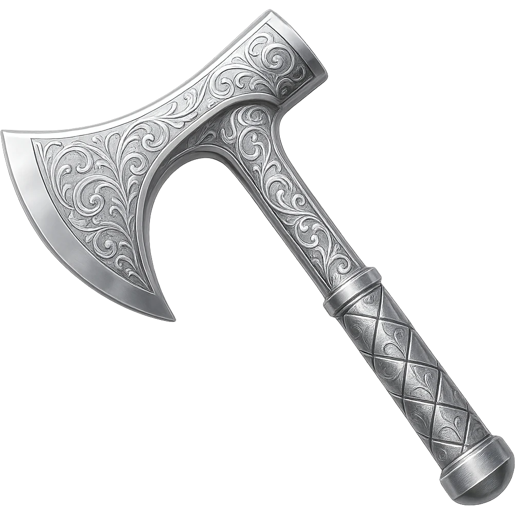 Engrave this steel axe with elegant silver engravings, keep it crisp, shiny, and slightly fancier than iron, realistic metallic steel, emoji style. Transparent background. emoji