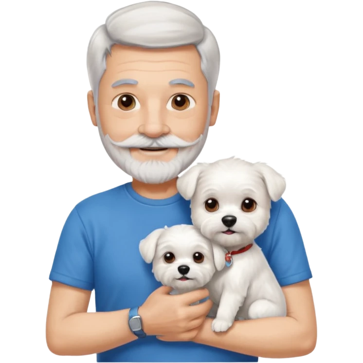 handsome gentleman, 60 years old, short silver hair, beard and moustache, wearing a blue t-shirt, smiling and holding a maltese dog emoji