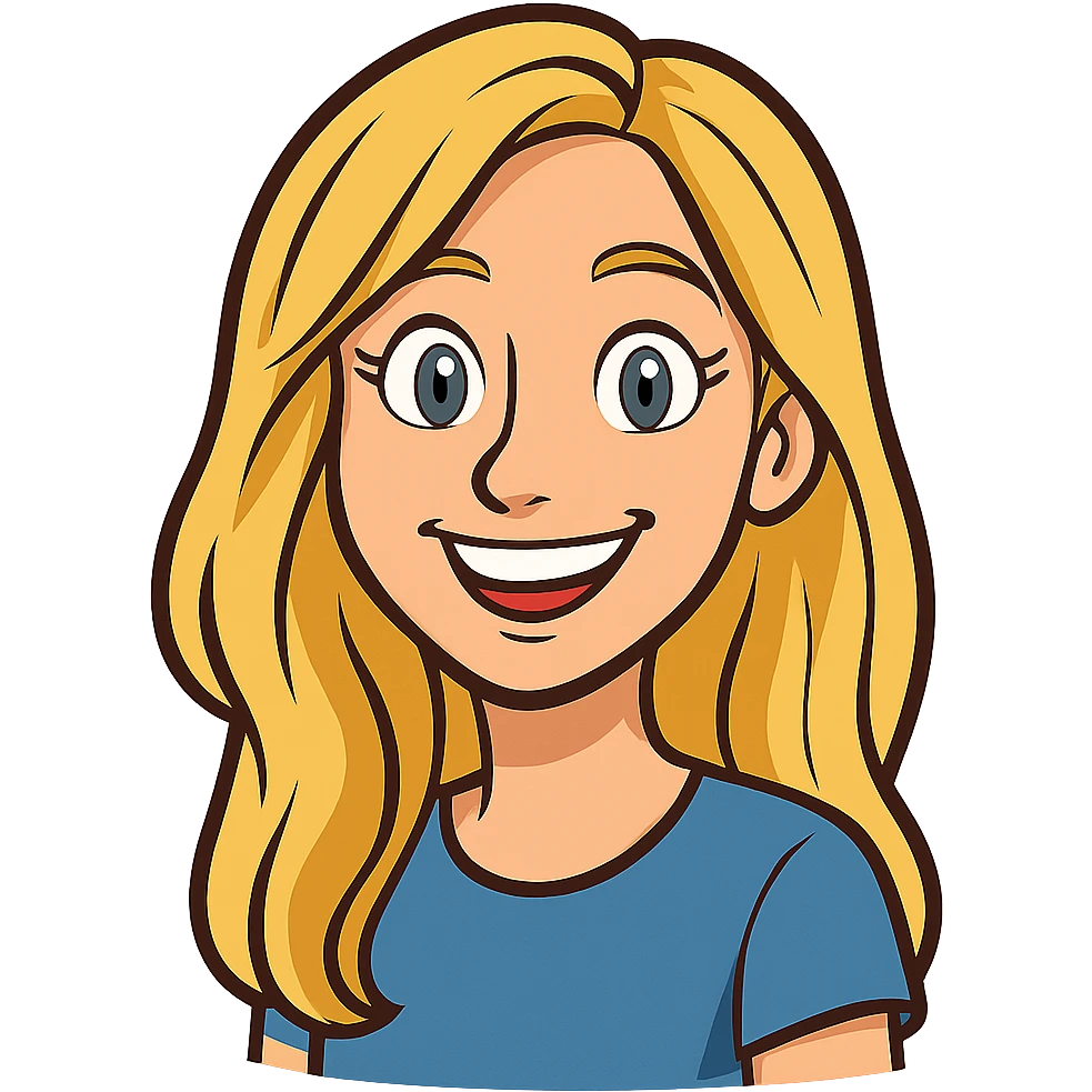 cartoon style portrait of a smiling female with long blonde hair and blue eyes emoji