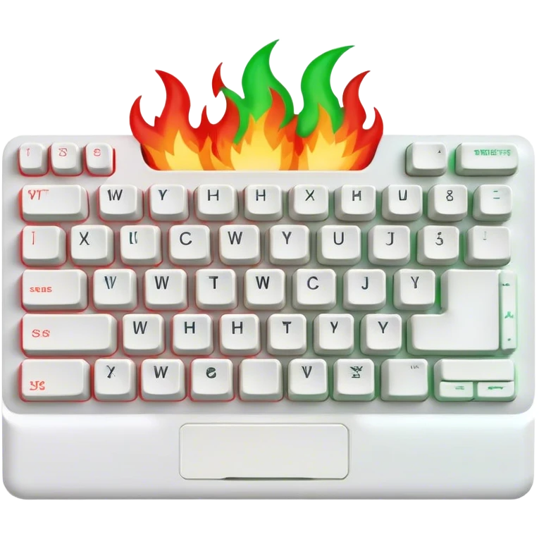 White-colored cool mechanical keyboard 65% in greenish-red fire flames in the background. emoji