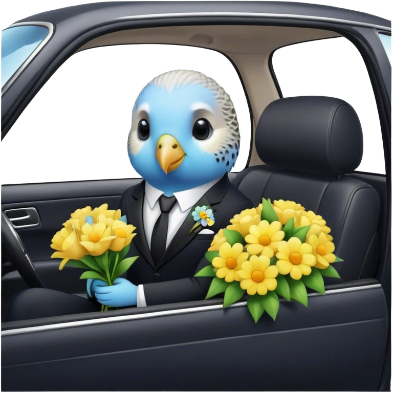 cute budgie in a car in a suit holding flowers  emoji