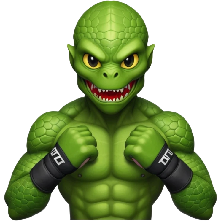 reptilian alien MMA fighter portrait, head and shoulders only, scaled skin, sharp teeth, fighter gloves, battle-ready expression, 3D cartoon, mobile game icon style, clean background, no text, no watermark
 emoji