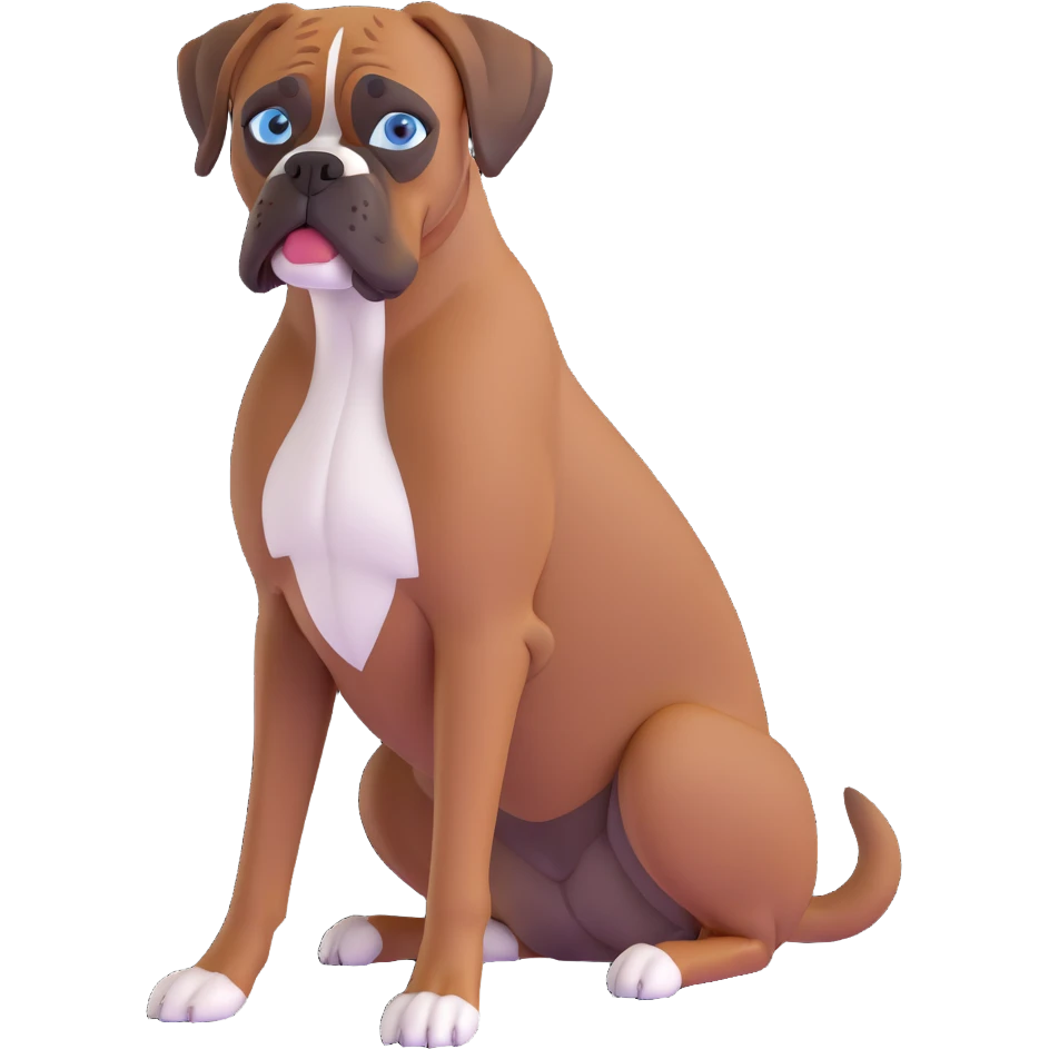 brown boxer dog with one blue eye, sitting, playful look emoji