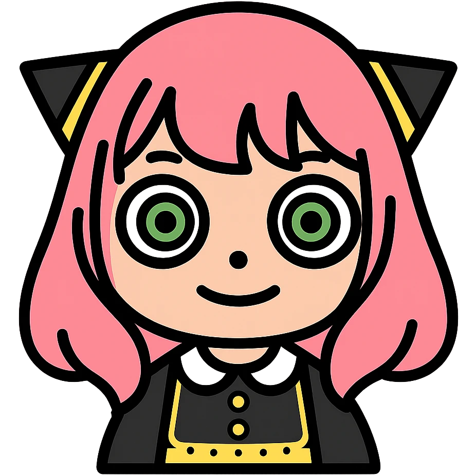 Convert this Anya Forger icon to a color version with her pink hair, green eyes, and black dress with gold accents, keeping the modern icon style and transparent background. emoji