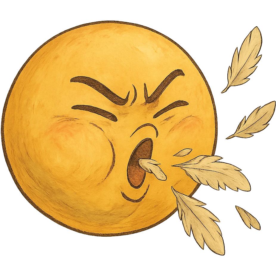 ghibli style classic yellow round face emoji spitting feathers emoji