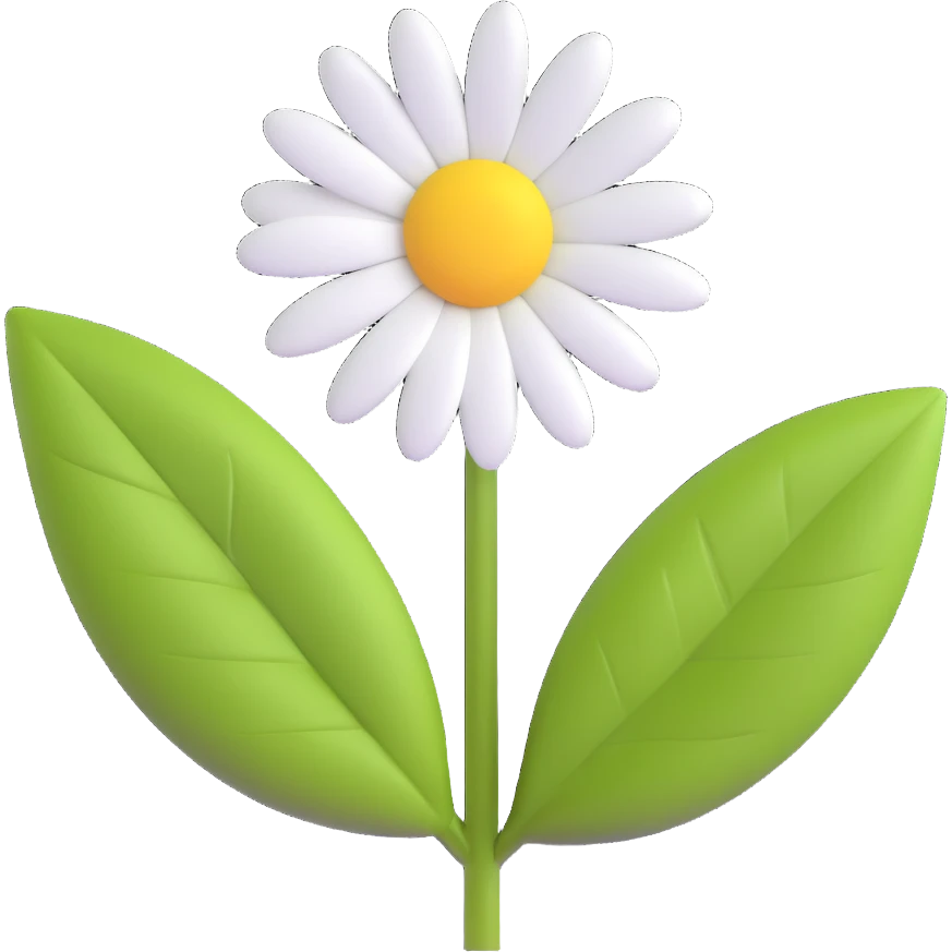 a daisy flower with white petals, yellow center, green leaves emoji