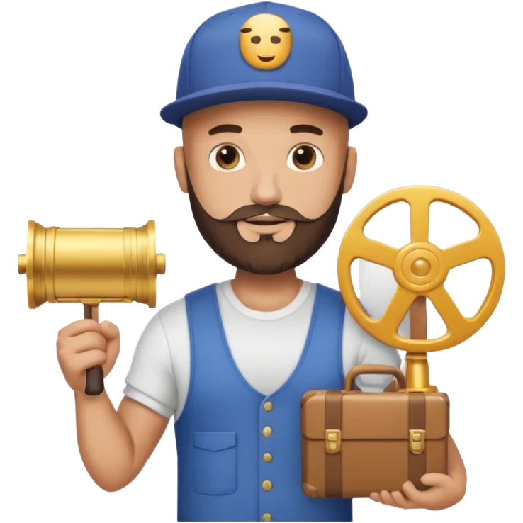 Strong bald man with beard and snapback, giant Instagram reel icon, stack of golden documents, trophy, minimal emoji emoji