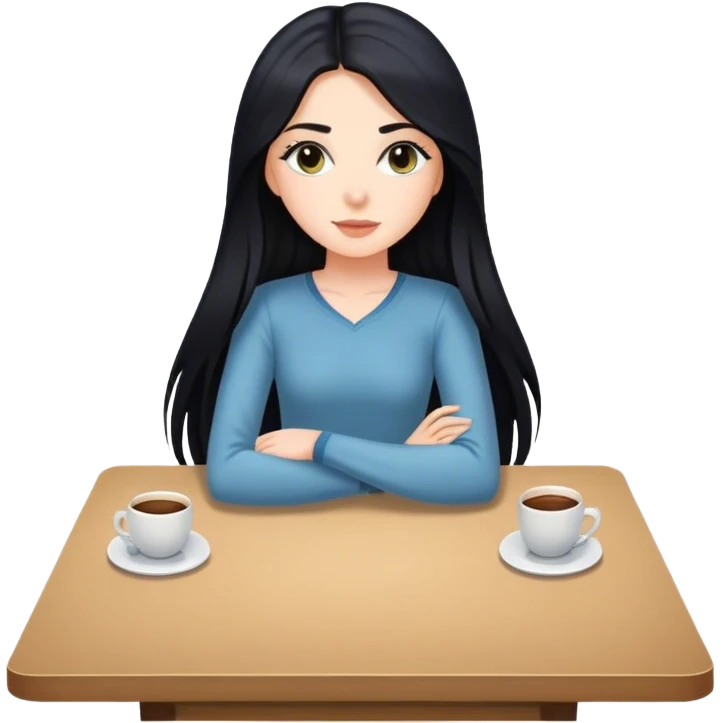 White girl full body sitting at table with black hair emoji
