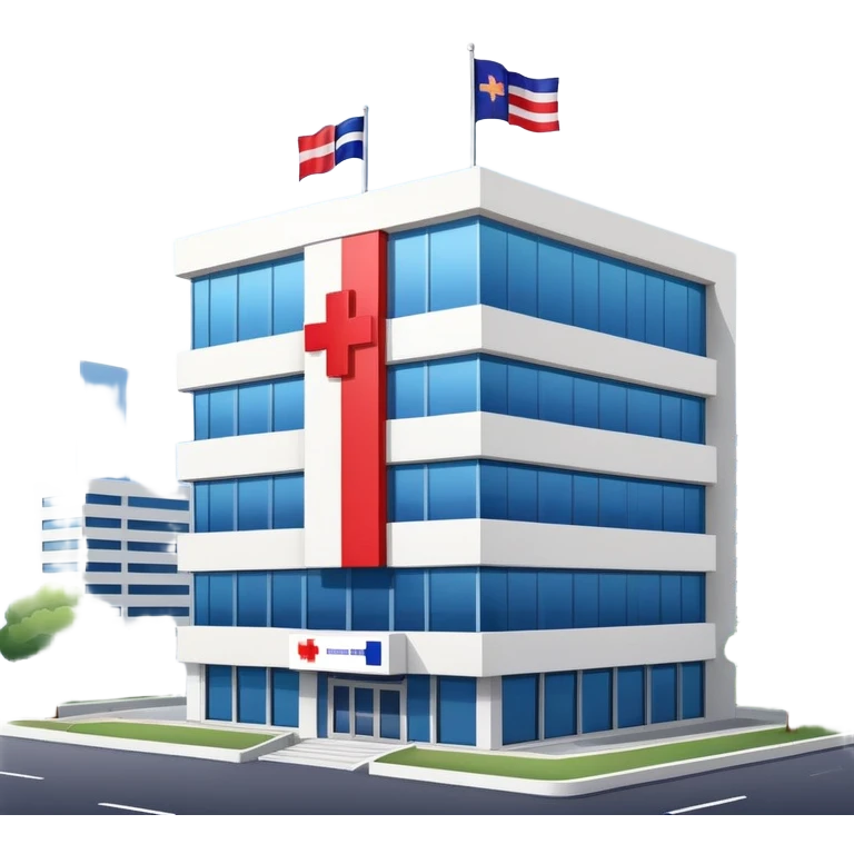 Hospital building with Thai flag waving, red cross medical symbol, Thailand flag with red white blue stripes emoji