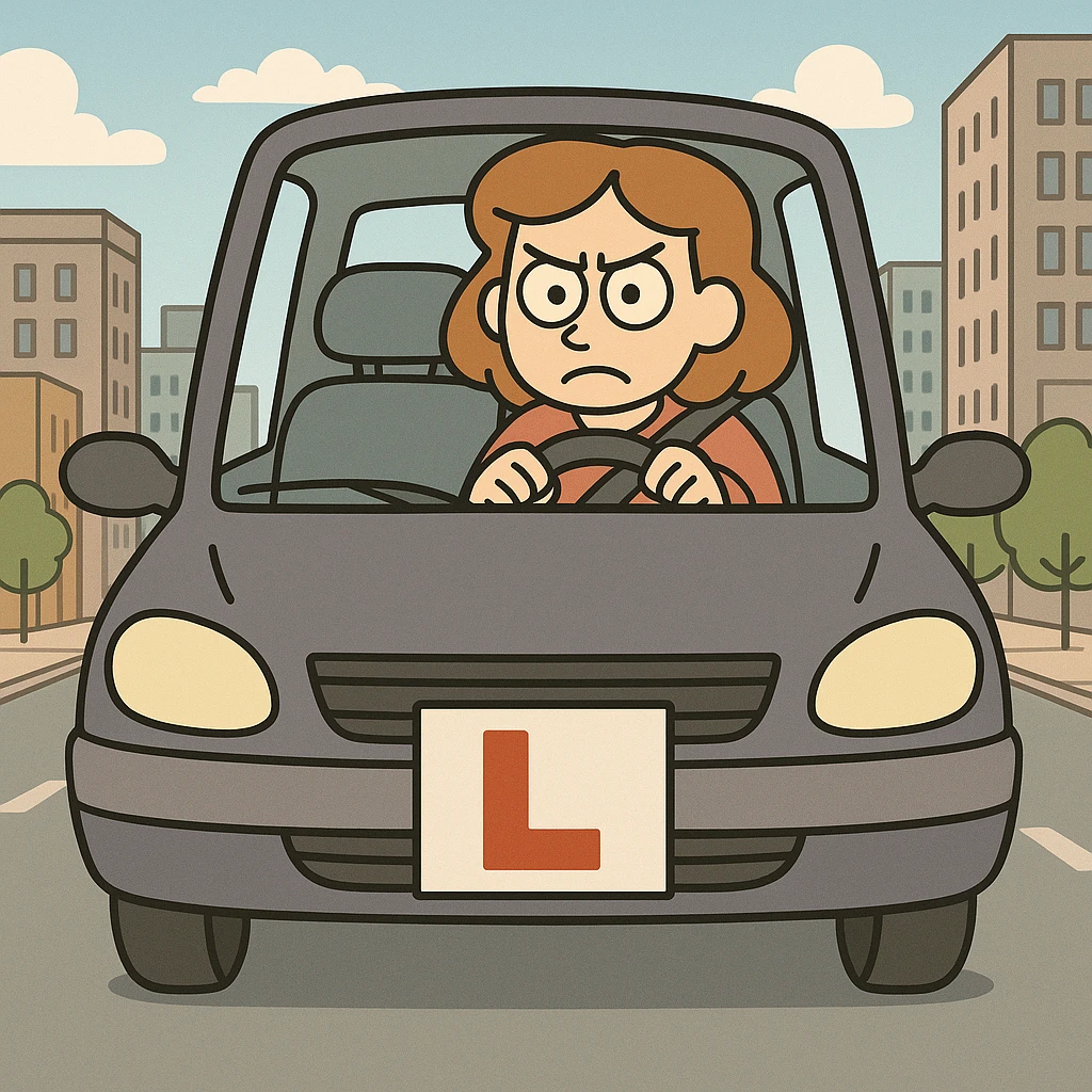 Add a simple city background, keep the focused learner driver in the car with L-plate, cartoon style flat toon illustration. emoji