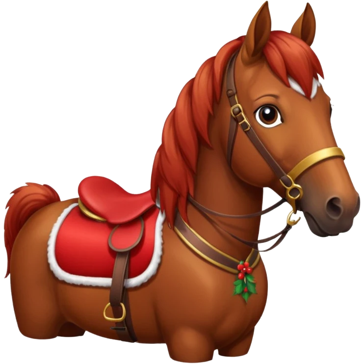 a christmas brown horse with a red saddle emoji