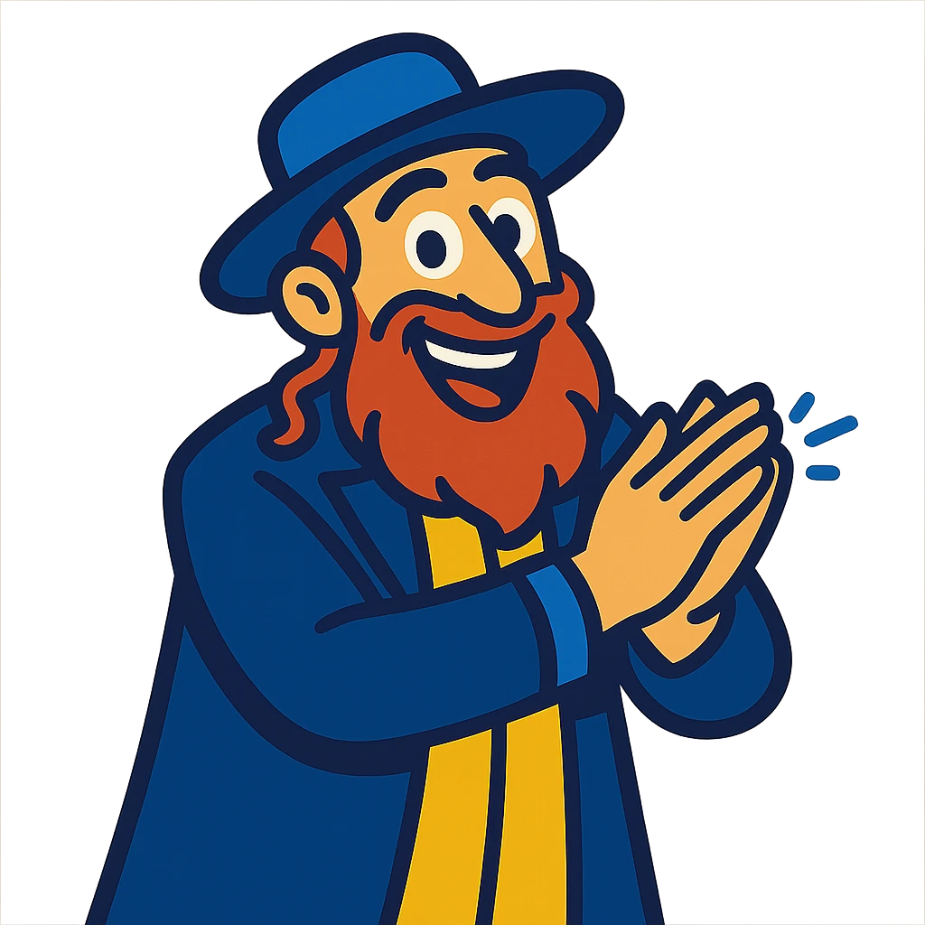 vibrant toon style rabbi, energetic and fun, rubbing hands together emoji