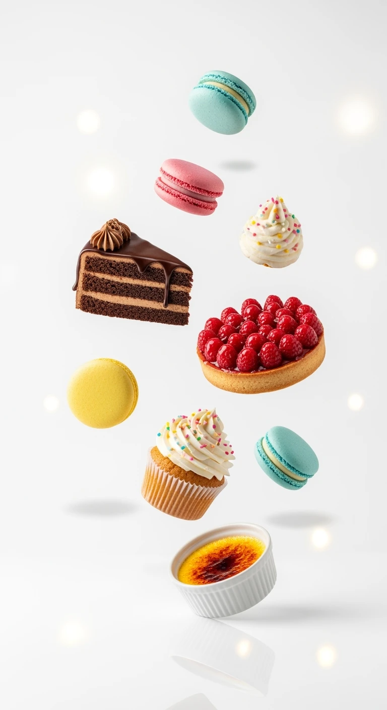 dolci che fluttuano, sfondo bianco emoji