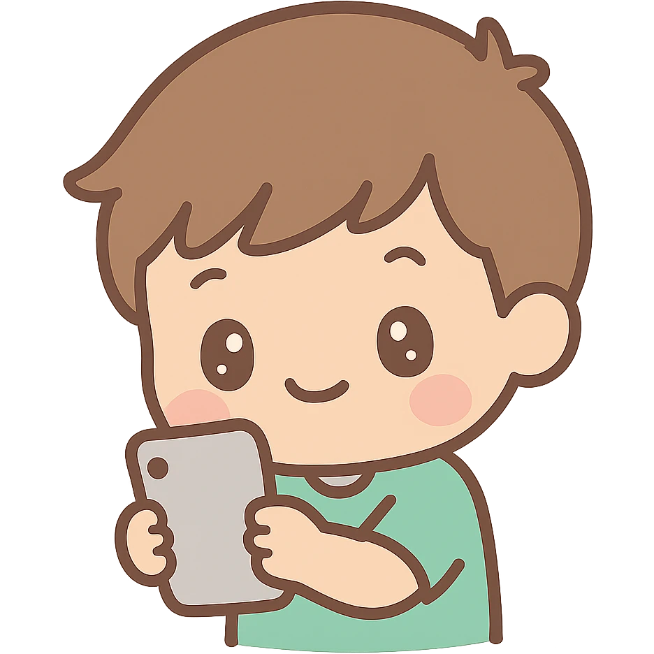 a tan boy with light brown hair holding a phone, kawaii cartoon style emoji
