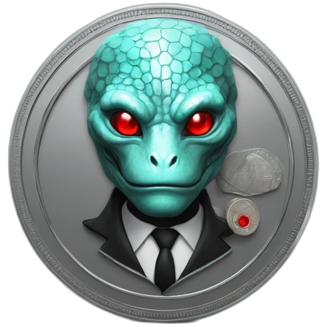 Aquamarine reptilian in classic black suite with red laser eyes on the middle of platinum coin emoji