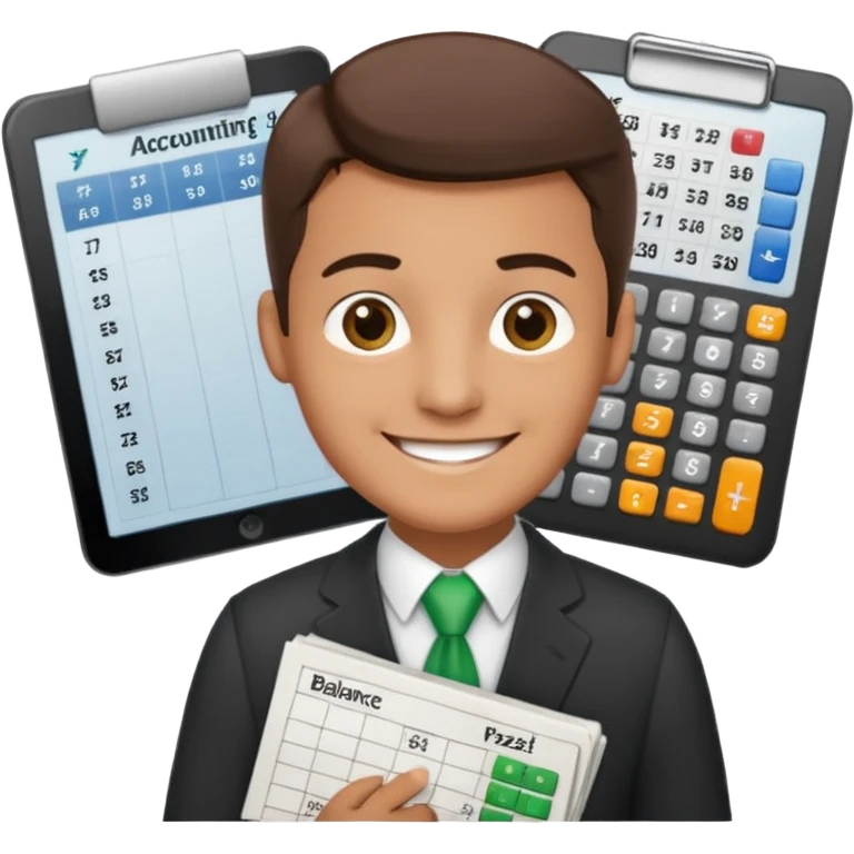 emoji, of a male AUDITOR smiling with Finance spreadsheet , a calculator,plus ADD A puzzle and a Balance for accounting. emoji