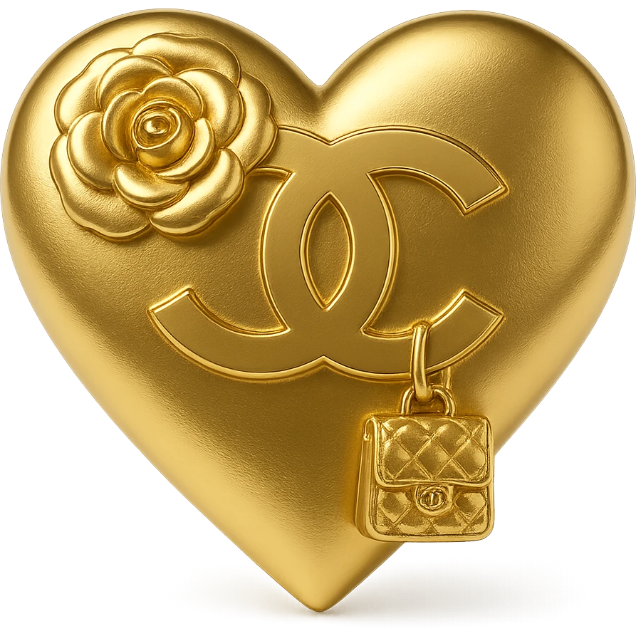 Chanel heart in metallic gold style with a camellia flower and a small handbag, Chanel fashion emoji