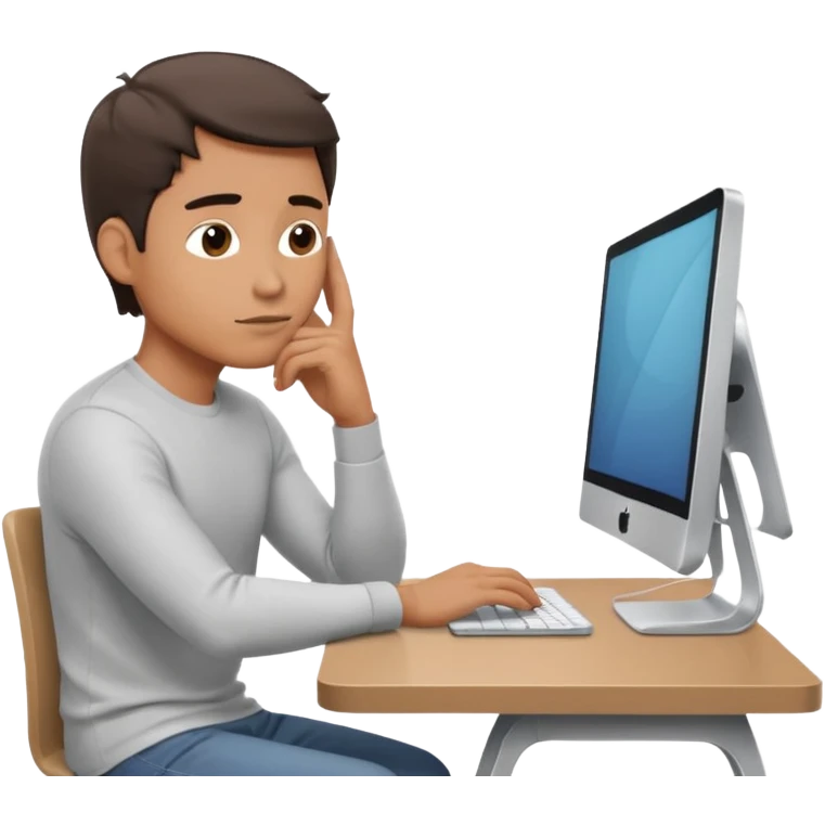 emoji of a man sitting at the table with an imac on it, a man is sitting in a very thoughtful pose, he has his hands on the table and his head resting on themб he look into the screen of imac emoji