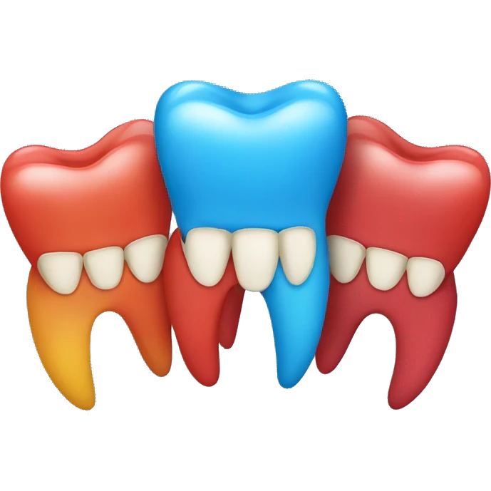 Create an emoji that represents three human teeth together, aligned horizontally. The first tooth should be blue, the second red and the third yellow.
 emoji