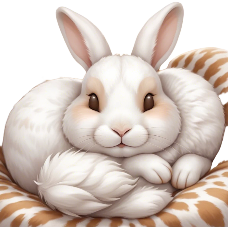 Meme-Worthy Cute Sleeping White and Brown Rabbit Portrait Emoji, Head resting peacefully with a contented smile, showcasing a delightfully balanced build and a luxuriously soft patterned fur of white and brown, eyes shut in a serene nap, Simplified yet hilariously adorable features, highly detailed, glowing with a soft, drowsy light, high shine, relaxed and utterly lovable, stylized with an air of playful laziness, bright and heartwarming, soft glowing outline, capturing the essence of a comically sleepy bunny, so meme-worthy it feels like it could instantly become the next viral sensation of adorable slumber! emoji