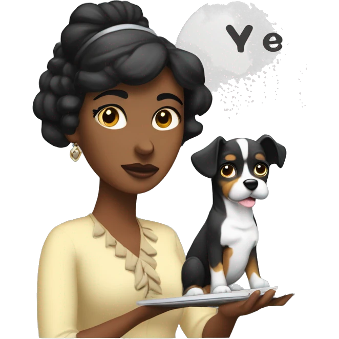 A woman with thick eyebrows and black hair, wearing a dog hairband, has a MacBook placed in front of her. Inside the speech bubble she is thinking about is a palette and brush. emoji