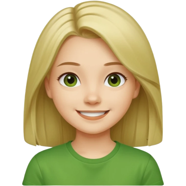 Young girl with straight, well-groomed, beautiful hair, wearing a green T-shirt, looking happy and cheerful. emoji