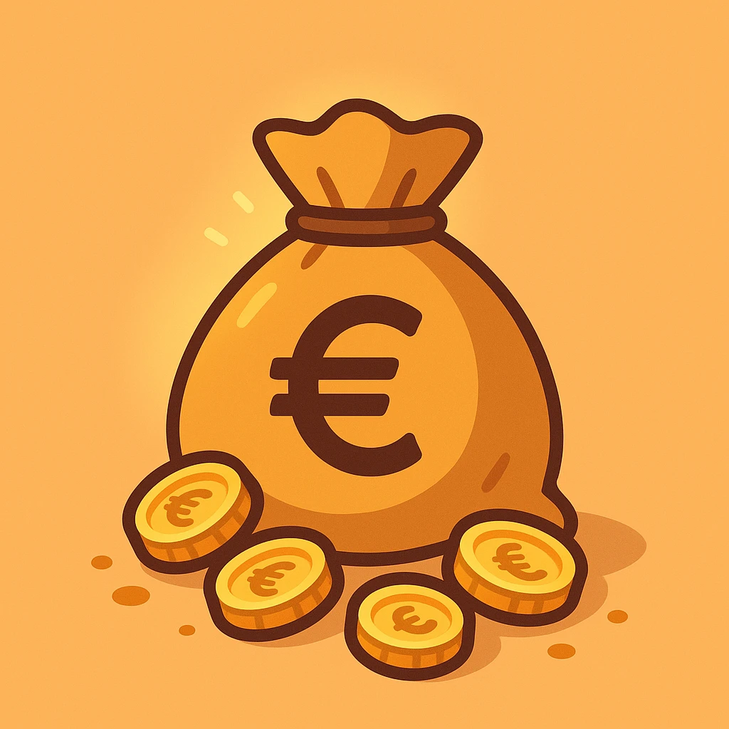 flat toon style money bag with euro symbol, slight glow, coins spilling out, simple background emoji