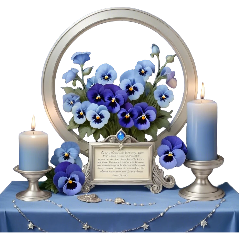 An enchanting night scene where deep blue and light blue pansies gently sway under the soft light of a silver crescent moon. A round, pearl-colored candle sits at the center of a sacred astrological altar, surrounded by silver-trimmed star charts and delicate planetary symbols glowing faintly in the twilight. Nearby, a beautifully crafted crystal sphere rests atop an ancient book of celestial wisdom, reflecting the constellations above. The sky is alive with swirling nebulae and zodiac glyphs, forming intricate cosmic patterns. A faint silver doorway, outlined by threads of lunar energy, shimmers in the background, hinting at hidden knowledge beyond the stars. emoji