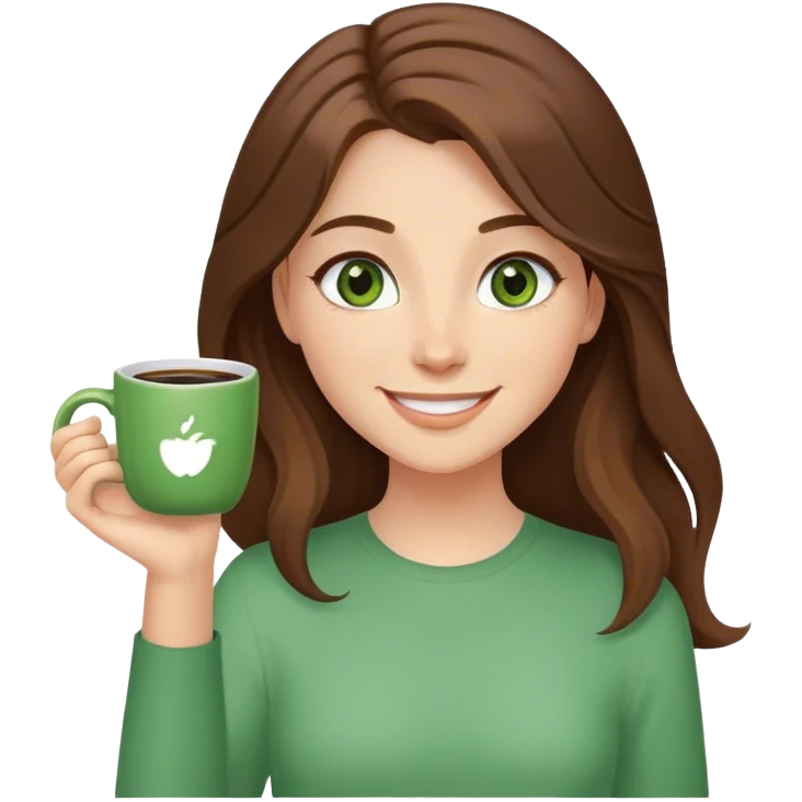 Long, Brown haired girl with middle hair part, with green eyes, smiling, waving with one hand, coffee mug in the other emoji