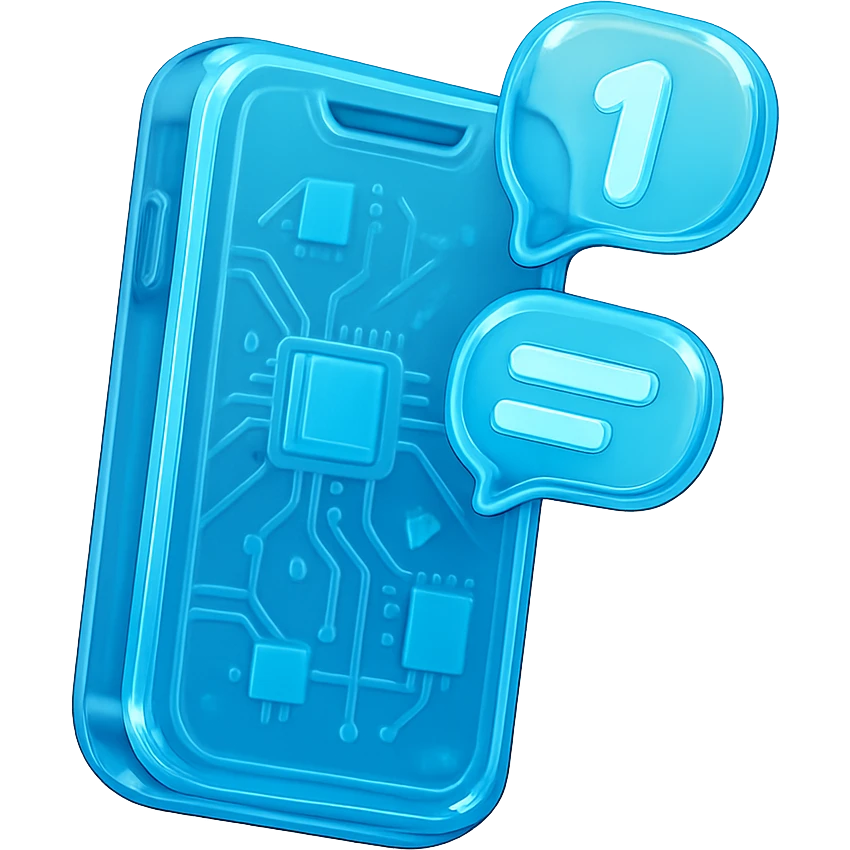 a smartphone with notification bubbles, flat design, cyan blue emoji