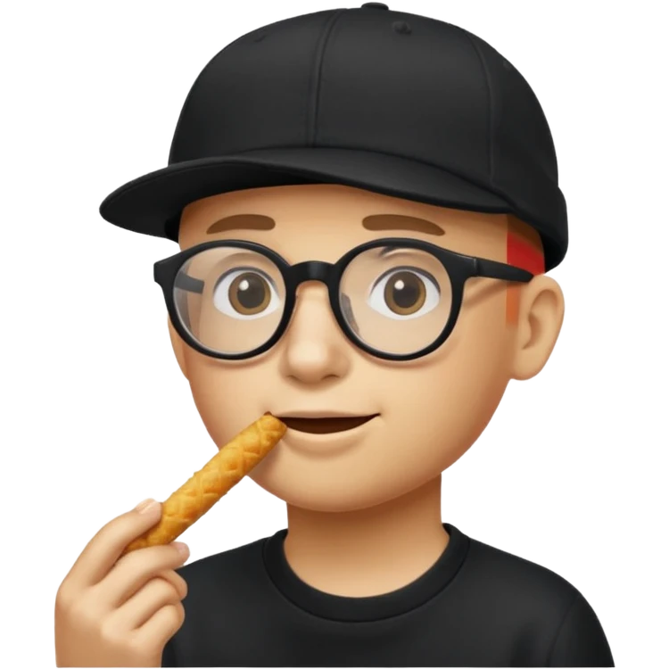 num num eatting hashbrown sticks with a plain black cap and glasses no hair add the words Rollin' 18 to hat emoji
